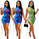 Sexy See Through Mesh Printed Women Summer Clubwear Turtleneck Sleeveless Bodycon Bandage Mini Dress SHD-9511