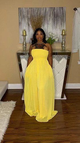 Solid Color One Piece Women's Clothing Sexy Sleeveless Chest Wrap Personality Pleated High Waist Loose Jumpsuit FNN-8615