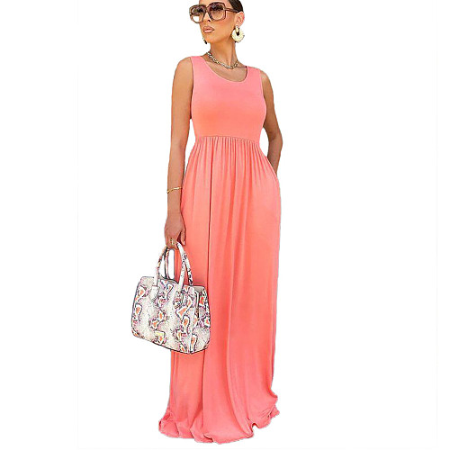 Summer Solid Color Elegant One Piece Sleeveless O Neck Elastic High Waist Womens Clothes Maxi A-Line Dress SFY-004-1
