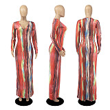 Colorful Deep V-neck Long Sleeve Slim Hip-hugging Dress DD-8043