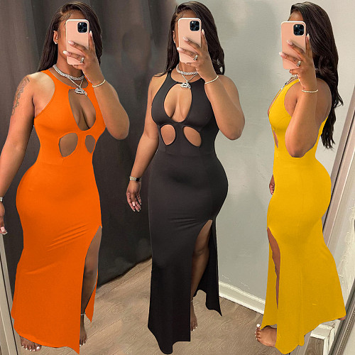 Solid Sleeveless Summer Hollow Out Slim Fit Sexy Bodycon Casual Split Nightclub Package Hip Long Dress JR-3630