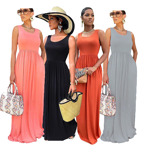 Summer Solid Color Elegant One Piece Sleeveless O Neck Elastic High Waist Womens Clothes Maxi A-Line Dress SFY-004-1