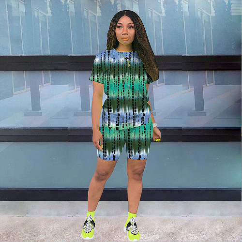 Tie Dye Print Tracksuit Women Casual Short Sleeve T-Shirt Top Biker Shorts Sportwear Joggers 2 Piece Outfits XMY-9304