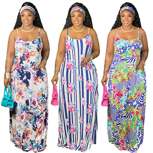 Women Casual Floral Print Sleeveless Spaghetti Straps Summer Sexy Boho Large Hem Loose Maxi Dresses With Headscarf XMY-9306
