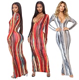 Colorful Deep V-neck Long Sleeve Slim Hip-hugging Dress DD-8043