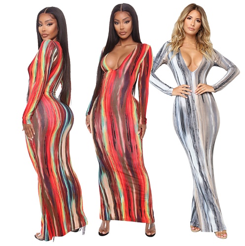 Colorful Deep V-neck Long Sleeve Slim Hip-hugging Dress DD-8043