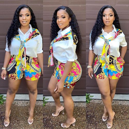Fashion Pattern Print Patchwork Short Sleeve Turn Down Collar Shirt Crop Top Shorts Women Summer 2 Piece Outfits ZS-0390