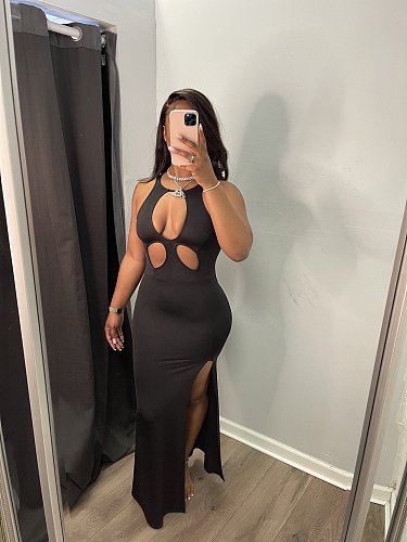 Solid Sleeveless Summer Hollow Out Slim Fit Sexy Bodycon Casual Split Nightclub Package Hip Long Dress JR-3630