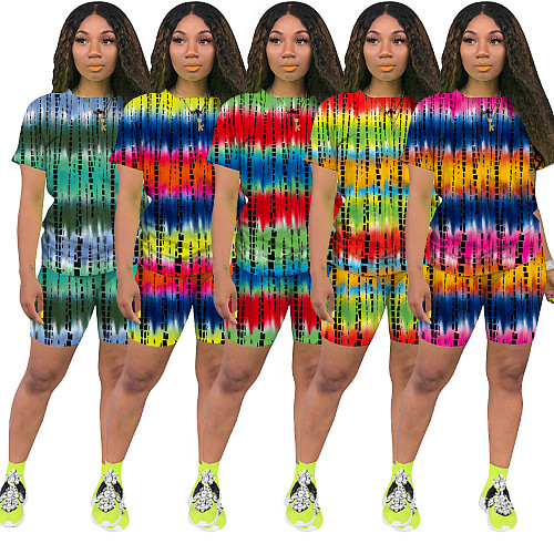 Tie Dye Print Tracksuit Women Casual Short Sleeve T-Shirt Top Biker Shorts Sportwear Joggers 2 Piece Outfits XMY-9304