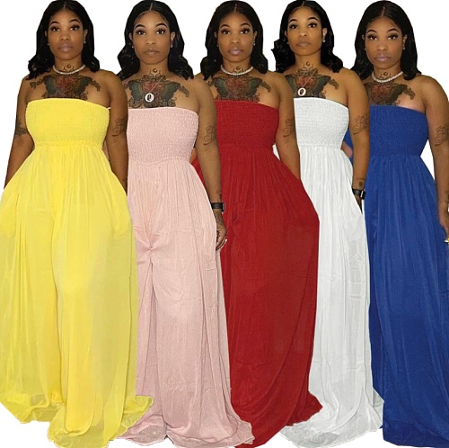 Solid Color One Piece Women's Clothing Sexy Sleeveless Chest Wrap Personality Pleated High Waist Loose Jumpsuit FNN-8615