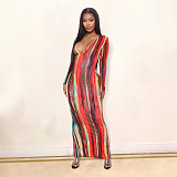 Colorful Deep V-neck Long Sleeve Slim Hip-hugging Dress DD-8043