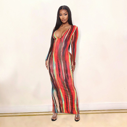 Colorful Deep V-neck Long Sleeve Slim Hip-hugging Dress DD-8043