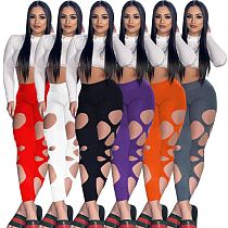 Fashion Solid Color Streetwear Asymmetric Hollow Out Hole Women Summer High Waist Bodycon Long Pants MOF-6628