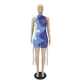 Sexy See Through Mesh Printed Women Summer Clubwear Turtleneck Sleeveless Bodycon Bandage Mini Dress SHD-9511