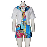 Fashion Pattern Print Patchwork Short Sleeve Turn Down Collar Shirt Crop Top Shorts Women Summer 2 Piece Outfits ZS-0390