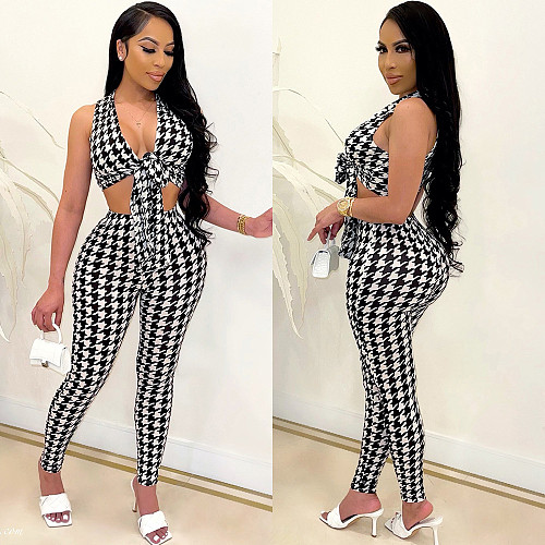 Sexy Plaid V Neck Bandage Sleeveless Crop Top Skinny Long Pants Women Clothes Trendy Summer 2 Piece Set FSX-270