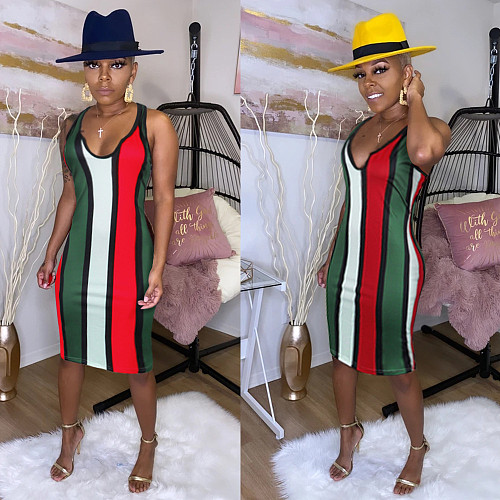 Sexy Deep V Sleeveless Colorful Striped Hip Buttock Nightclub Dress FSX-55