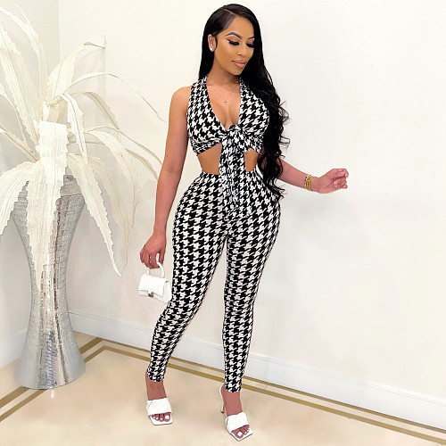 Sexy Plaid V Neck Bandage Sleeveless Crop Top Skinny Long Pants Women Clothes Trendy Summer 2 Piece Set FSX-270