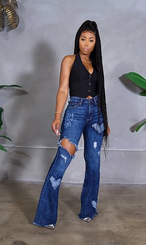 2021 New Style High Quality Clothing High Waist Washed Make Old Hole Fashion Elastic Denim Flare Jeans LA-3280