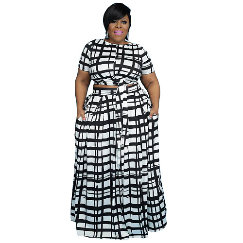 Casual Streetwear Summer Women Plus Size Set Print Short Sleeve Bandage Crop Tops Loose Long Skirts 2 Piece Sets WA-7189