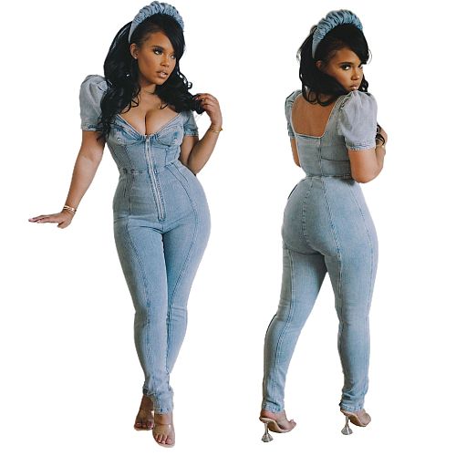 Plus Size Women Vintage Solid Color Puff Short Sleeve Front Zipper Square Collar Bodycon Streetwear Denim Jumpsuit LX-6086