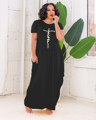 Summer Casual Letter Print Round Neck Pockets Short Sleeve Large Hem Loose Women Clothes Long Dress WSM-5255