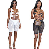 Solid Irregular Hollow Out Crop Top Shorts Swimwear 3 Piece Bikinis Suit BN-9282