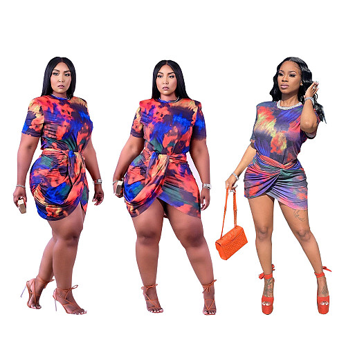 Tie Dye Sets Women O Neck Short Sleeve Tops Ruched Bodycon Skirts Women Fashion Clubwear Two Piece Set BER-8080