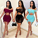 Summer Womens Clothes Solid Color Mesh See Through Drawstring Pleated Off Shoulder Crop Top Mini Skirt Two Piece Outfits BER-8079