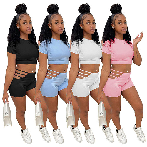 Solid Short Sleeve O Neck Crop Tops Hollow Out Slim Shorts Women Clothes Summer Fitness 2 Piece Sets GLS-7028