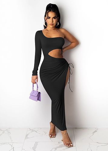 Plus Size Sexy Hollow Out Bodycon Women One Shoulder Long Sleeve Split Drawstring Evening Night Long Dress OM-1220