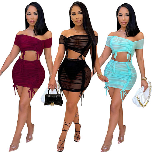 Summer Womens Clothes Solid Color Mesh See Through Drawstring Pleated Off Shoulder Crop Top Mini Skirt Two Piece Outfits BER-8079