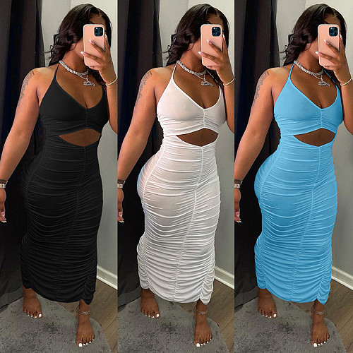 Elegant Women Solid Color Hole Hollow Out Pleated Stacked Cross Strap Halter Party Night Club Long Maxi Dress GLS-7034