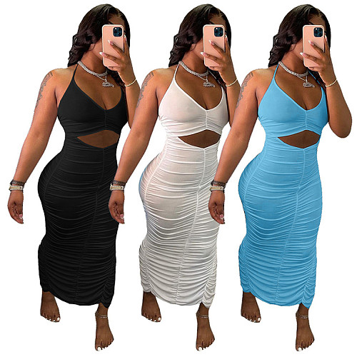 Elegant Women Solid Color Hole Hollow Out Pleated Stacked Cross Strap Halter Party Night Club Long Maxi Dress GLS-7034