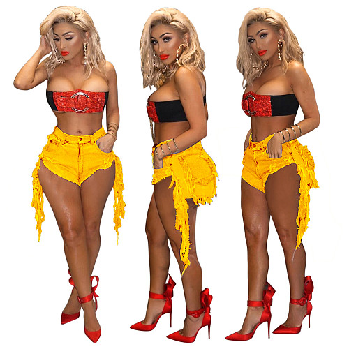 Plus Size Summer Fashion Clothing Tassel Women High Waist Casual Skinny Straight Club Denim Shorts HSF-2271