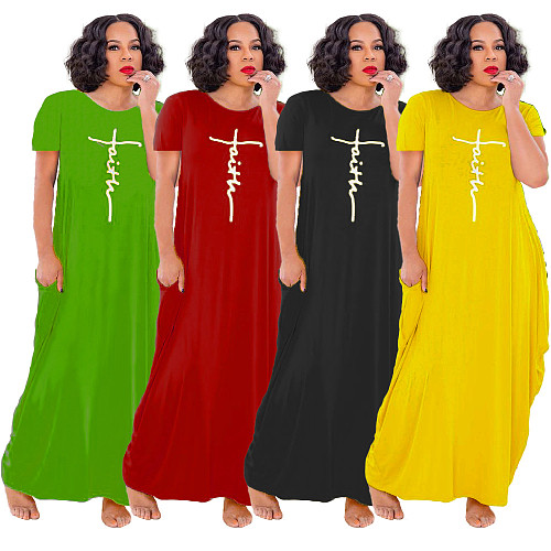 Summer Casual Letter Print Round Neck Pockets Short Sleeve Large Hem Loose Women Clothes Long Dress WSM-5255