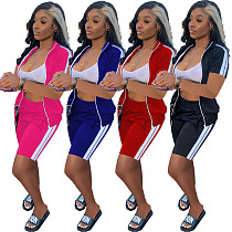 Sexy Short Sleeve Zipper Side Stripe Crop Top Elastic Waist Biker Shorts Sportswear Summer Solid 2 Piece Set XY-9106