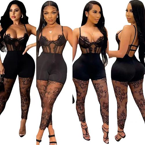 Sexy Summer Lace Patchwork Flower Print See Through Backless Spaghetti Straps Bodycon Womens Jumpsuit OSM-5259