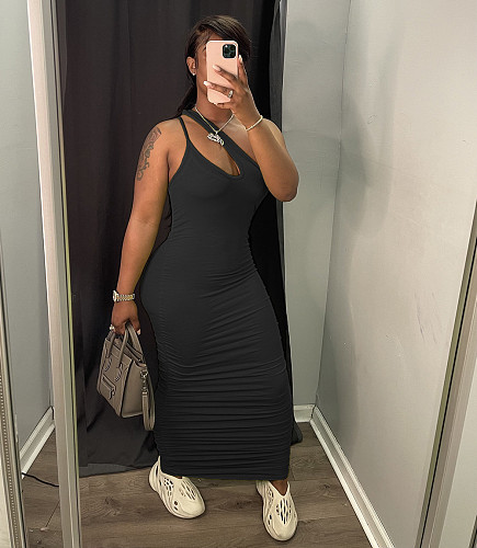 Elegant Sexy Solid Color Sleeveless One Shoulder Ruched Women Pleated Summer Bodycon Long Party Dress WSM-5254