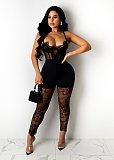 Sexy Summer Lace Patchwork Flower Print See Through Backless Spaghetti Straps Bodycon Womens Jumpsuit OSM-5259