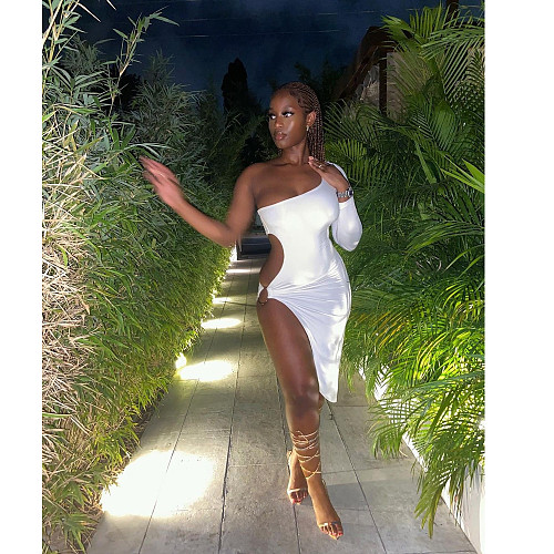 Elegant Solid Color Women One Shoulder Sexy Hollow Out Bodycon Irregular Long Sleeve Split Midi Dress BN-9283
