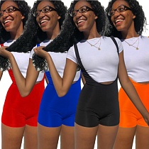 Solid Color Short Sleeve Round Neck Sexy T Shirt Crop Top Suspender Shorts Women Casual Two Piece Sets QZX-6212