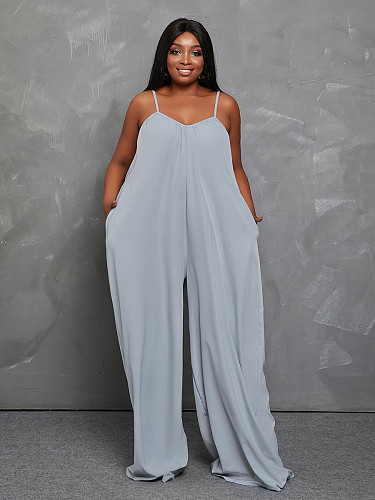 Solid Color Sleeveless Spaghetti Strap Fashion High Street Wear Clothes Loose Plus Size Jumpsuits TB-5271