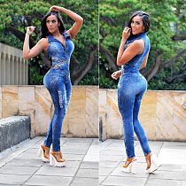 Plus Size Sexy Women Sleeveless Hollow Out Bodycon Turn Down Collar Button Ripped Jeans Denim Jumpsuit LX-6898 Plus Size Sexy Women Sleeveless Hollow Out Bodycon Turn Down Collar Button Ripped Jeans Denim Jumpsuit LX-6898