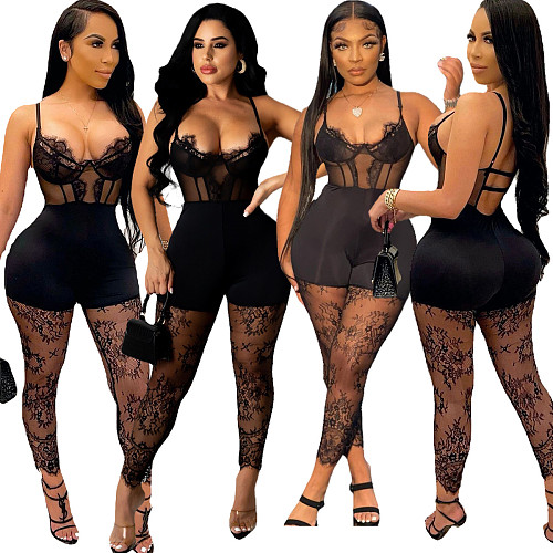 Sexy Summer Lace Patchwork Flower Print See Through Backless Spaghetti Straps Bodycon Womens Jumpsuit OSM-5259