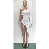 Elegant Solid Color Women One Shoulder Sexy Hollow Out Bodycon Irregular Long Sleeve Split Midi Dress BN-9283