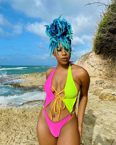 Sexy Cut Out Swimwear Women Sleeveless Color Patchwork Cross Backless Bandage Summer One Piece Swimsuit BGN-176
