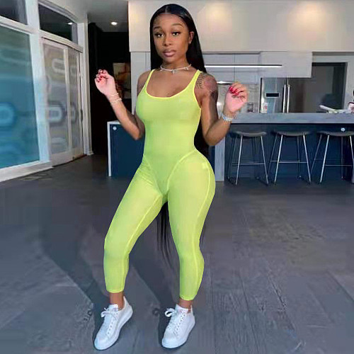 Fashion Casual Solid Color Back Zipper Sleeveless Square Collar Tight Fitting Women's Clothing Fitness Jumpsuit TK-6183