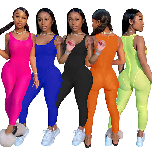 Fashion Casual Solid Color Back Zipper Sleeveless Square Collar Tight Fitting Women's Clothing Fitness Jumpsuit TK-6183
