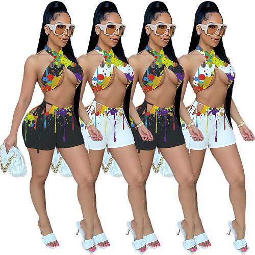 Sexy Ink Print Summer Clothes Criss Cross Halter Bandage Crop Top Skinny Shorts Women Two Piece Set WSM-5247